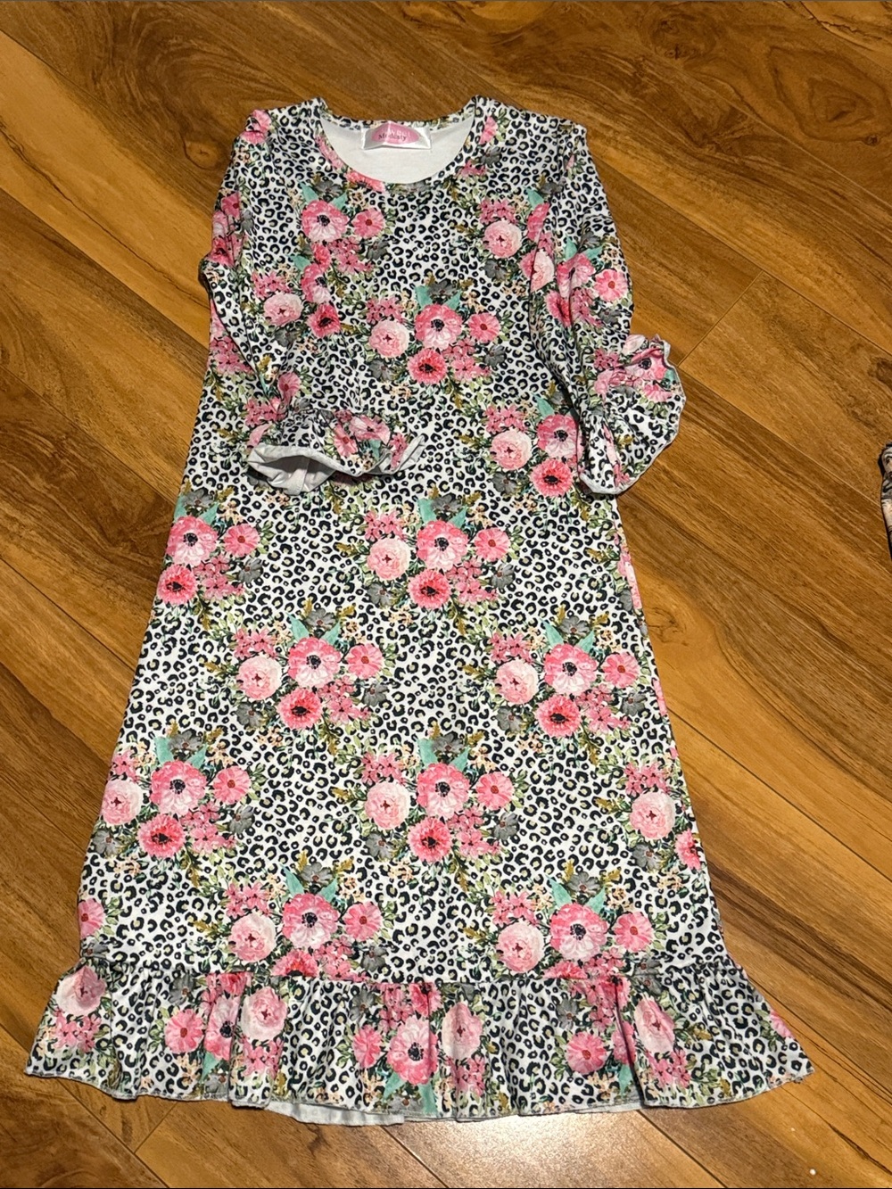 Girls Floral & Leopard Print Long Sleeve Dress - Pink and Blue - Picture 2 of 2
